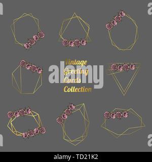 Set of Hand drawn doodle style peony flower garlands with polygonal garland, vintage geometric frame, floral design element. isolated on gray backgrou Stock Vector