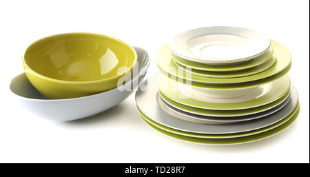 Empty bowls and plates isolated on white Stock Photo