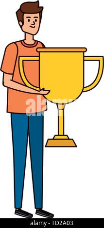 young man lifting trophy cup award Stock Vector