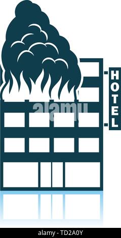 Hotel Building In Fire Icon. Shadow Reflection Design. Vector Illustration. Stock Vector