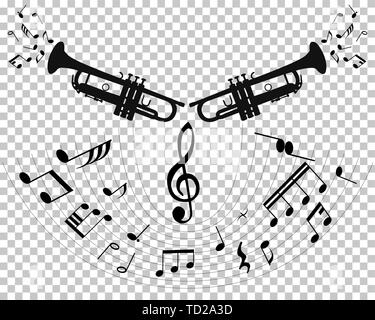 Abstract music background with different notes and wind instruments with transparency grid on back. Vector Illustration. Stock Vector