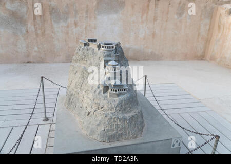 A miniature model of the summer palace of King Herod in zelot fortress Masada, Israel. View of the model of the mountain with the palace built on its Stock Photo