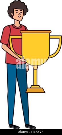 young man lifting trophy cup award Stock Vector