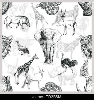 Seamless pattern of hand drawn sketch style African and Asian animals isolated on white background. Vector illustration. Stock Vector