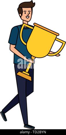 young man lifting trophy cup award Stock Vector