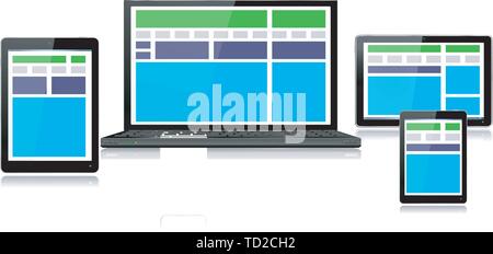 Realistic mobile and computer devices with laptop, tablet, mini tablet and smartphone demonstrating fully responsive style web design - each device gr Stock Vector