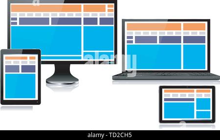 Realistic mobile and computer devices with laptop, tablet, mini tablet and smartphone showing fully responsive style web design - each device grouped  Stock Vector
