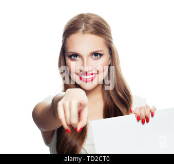 Fashion woman with white empty paper signboard pointing isolated on white background Stock Photo