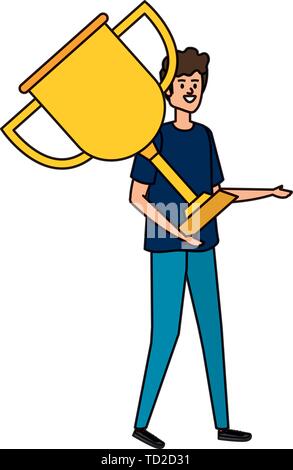 young man lifting trophy cup award Stock Vector