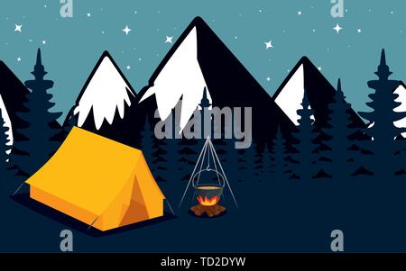 camping zone with tent and campfire at night scene Stock Vector