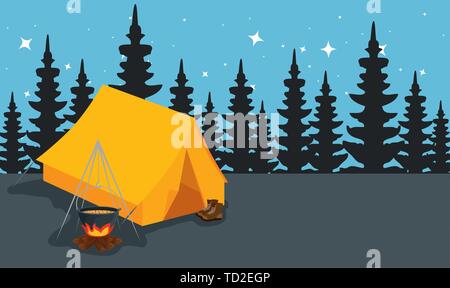 camping zone with tent and campfire at night scene Stock Vector