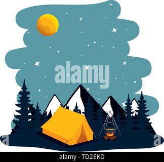 camping zone with tent and campfire at night scene Stock Vector