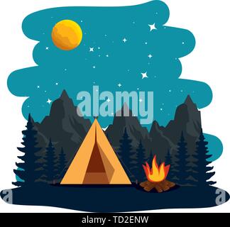 camping zone with tent and campfire at night scene Stock Vector