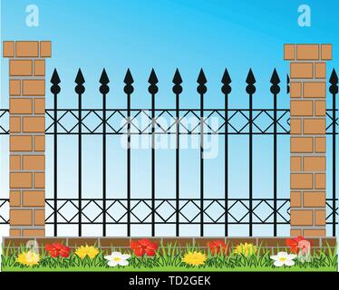 Vector illustration of the decorative fence from brick and ferric Stock Vector