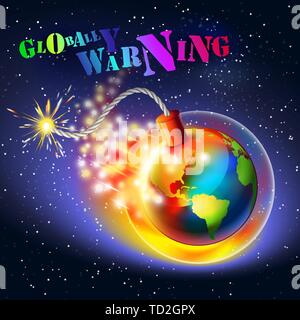 Global warming warning concept. Ozone hole, ultraviolet and greenhouse effect, colored text message. Stock Vector