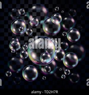 Transparent and multicolored soap bubbles over dark background, editable vector for usage over your own background Stock Vector