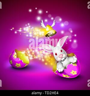 Funny bunny driving a decorated egg shell over a pruple background Stock Vector