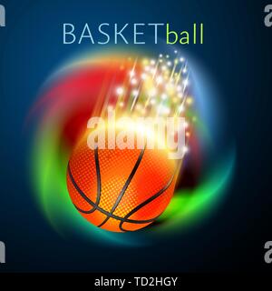 basketball ball flying over rainbow background. Bright and shiny vector motion effects. Stock Vector