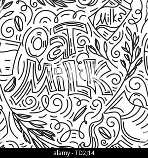 Seamlees pattern background. Oat milk hand drawn lettering. Spikes and grains of oats, glass with oat milk, carton box and glass jar of milk. Doodle style, black and white vector illustration. Stock Vector