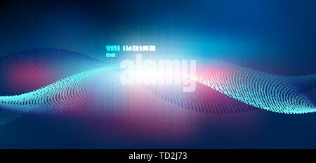Abstract technology futuristic network design with particle blue and pink wave. Dynamic particles sound wave flowing on glowing dots dark background.  Stock Vector
