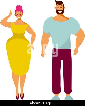 Man and woman, cute characters stand with smiles isolated on white. Vector cartoon illustration flat design. Stock Vector