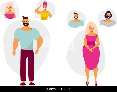 Cartoon characters man and woman think and dream of a partner. Vector illustration in flat style isolated on white background. Stock Vector