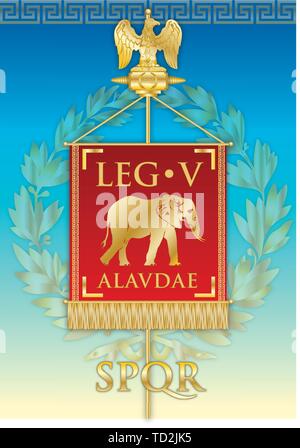 Legio V Alaudae, ancient teaches banner legion of the Roman empire, vector illustration Stock Vector