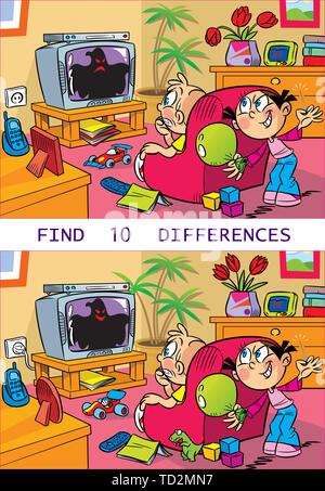 In vector illustration puzzle, in which children mischievous and play in the room. It is necessary to find ten differences in the pictures. Stock Vector