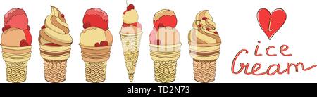 Set of vector hand drawn ice creams in waffle cones isolated on white background. Colored Sketch Images. Summer linear design. Lettering.Calligraphy Stock Vector
