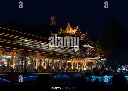 Night photography of Dujiangyan Irrigation System Bridge,  Sichuan Province, People's Republic of China. Stock Photo