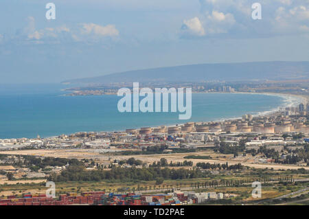 Israel, Haifa, a view of downtown and the bay from the Carmel Mountain. The city of Acre can be seen in the background Stock Photo