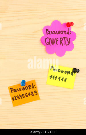 Stickers-reminders with most popular passwords, on wooden background Stock Photo