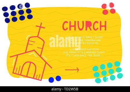 Abstract landing page pattern with different element, text block and doodle church icon. Vector fun background. Stock Vector