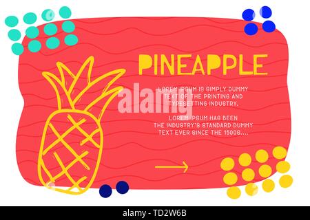 Abstract landing page pattern with different element, text block and doodle pineapple icon. Vector fun background. Stock Vector