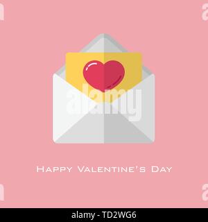 Red heart on yellow paper in white envelope in flat style for valentine's day Stock Vector