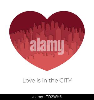 City skyline in red-tone in Valentine concept in heart shaped. Paper art style Stock Vector