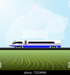 Realistic vector illustration of the locomotive of a modern high-speed train. Background - a light blue sky with white clouds and abstract flowering m Stock Vector