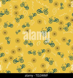 Vector seamless pattern on light mustard background. Blue bikes. Stylized wheels. White scribbles. Theme of sport, healthy lifestyle. Design for texti Stock Vector