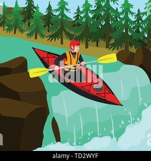 Man kayak rafting concept background. Flat illustration of man kayak rafting vector concept background for web design Stock Vector