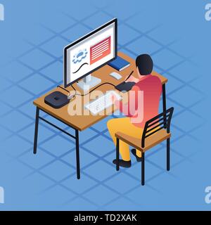 Man work distant concept background. Isometric illustration of man work distant vector concept background for web design Stock Vector