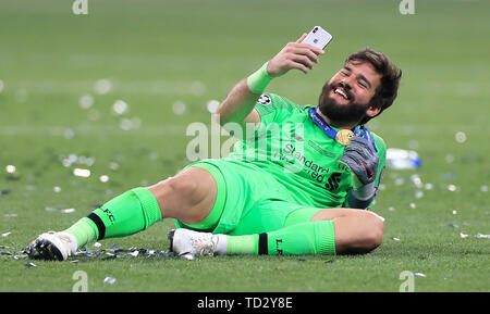 Liverpool Goalkeeper Alisson Becker Takes A Selfie After The Final Whistle During The Uefa