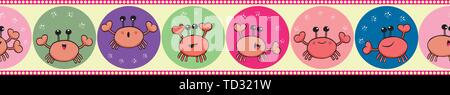Cute crab juggling with bubbles in border design. Seamless geometric vector pattern on light yellow background with yellow dots edging. Great for Stock Vector