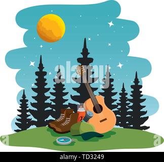 camping zone with equipment at night scene Stock Vector