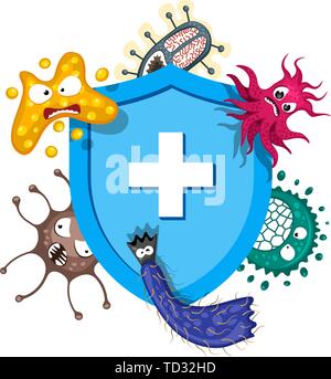 Immune system concept. Hygienic medical blue shield protecting from virus germs and bacteria. Flat vector illustration on white background eps10 Stock Vector