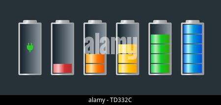 Battery charge indicator colorful icon set. Charging level full power low to high and electric plug. Gadgets alkaline energy status eps vector illustr Stock Vector