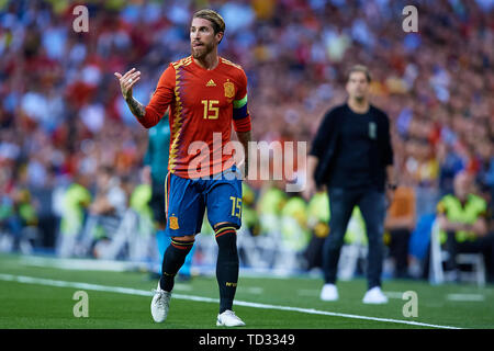 MADRID, SPAIN - JUNE 10: Sergio Ramos of Spain reacts  during the UEFA Euro 2020 qualifier match between Spain and Sweden at Santiago Bernabeu on June 10, 2019 in Madrid, Spain. (Photo by David Aliaga/MB Media) Stock Photo