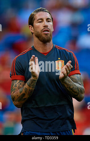 MADRID, SPAIN - JUNE 10: Sergio Ramos of Spain reacts prior to the UEFA Euro 2020 qualifier match between Spain and Sweden at Santiago Bernabeu on June 10, 2019 in Madrid, Spain. (Photo by David Aliaga/MB Media) Stock Photo