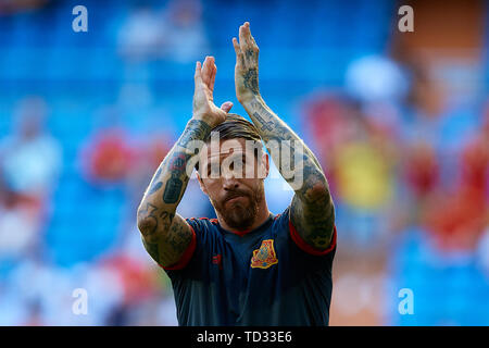 MADRID, SPAIN - JUNE 10: Sergio Ramos of Spain reacts prior to the UEFA Euro 2020 qualifier match between Spain and Sweden at Santiago Bernabeu on June 10, 2019 in Madrid, Spain. (Photo by David Aliaga/MB Media) Stock Photo