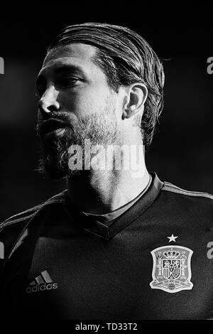MADRID, SPAIN - JUNE 10: (EDITORS NOTE: the image has been converted to black and white) Sergio Ramos of Spain looks on prior to the UEFA Euro 2020 qualifier match between Spain and Sweden at Santiago Bernabeu on June 10, 2019 in Madrid, Spain. (Photo by David Aliaga/MB Media) Stock Photo
