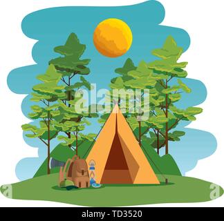 camping zone with camping tent and equipment scene Stock Vector